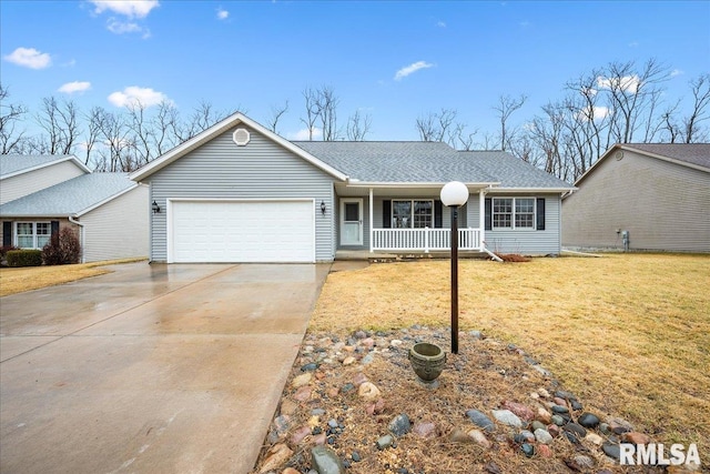 ranch-style home with an attached garage, covered porch, a shingled roof, concrete driveway, and a front lawn