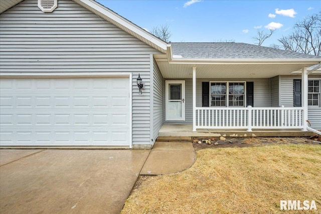 single story home with a garage, covered porch, roof with shingles, and driveway