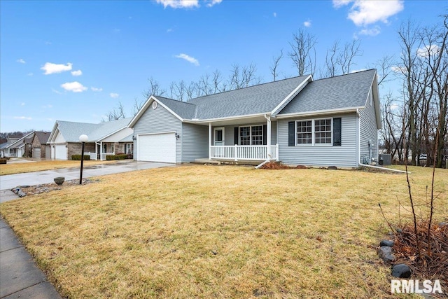 ranch-style home featuring an attached garage, driveway, a front lawn, and a porch