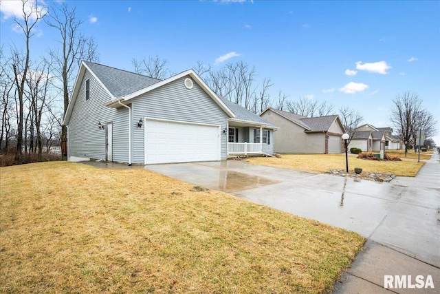 single story home with a garage, roof with shingles, driveway, and a front lawn