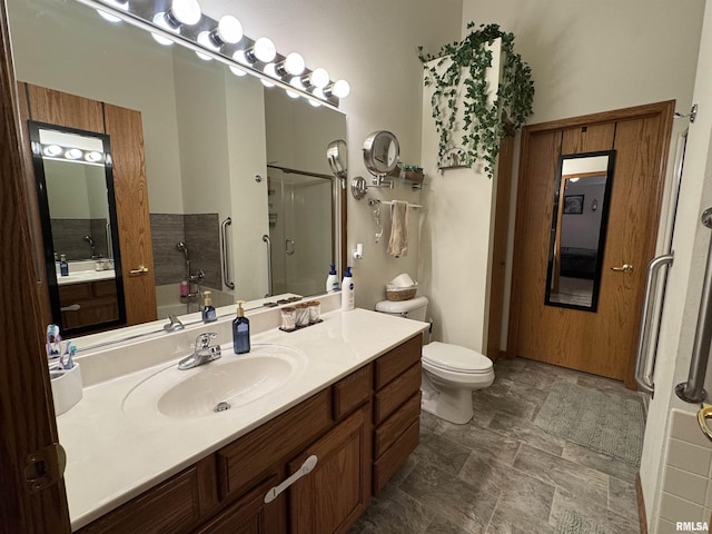 full bath featuring toilet, a stall shower, a tub, and vanity