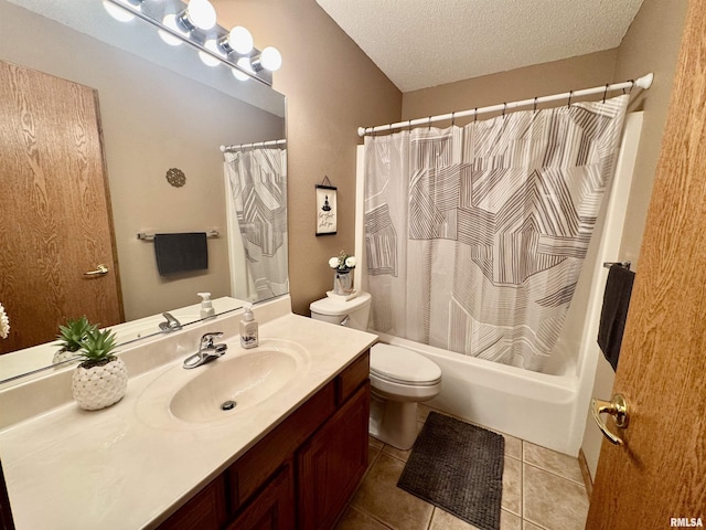 full bath featuring a textured ceiling, tile patterned flooring, toilet, vanity, and shower / bathtub combination with curtain