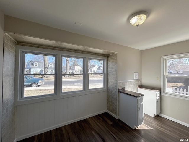 interior space with dark wood-type flooring, baseboards, and wainscoting