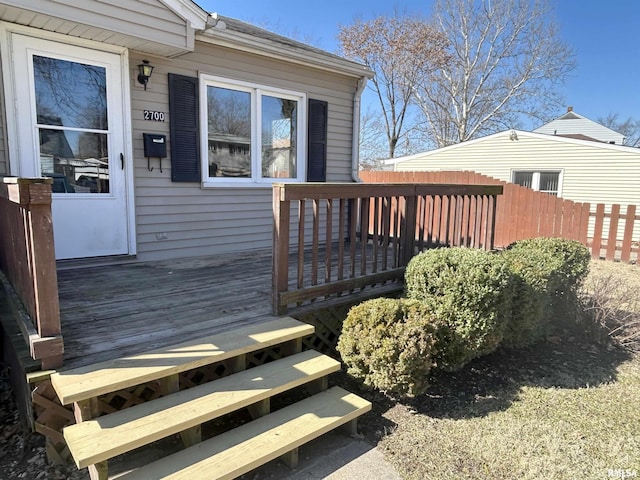 wooden terrace featuring fence