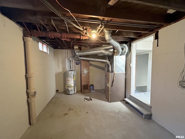 basement with heating unit and gas water heater