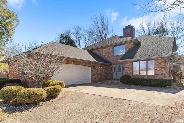 traditional home with concrete driveway, brick siding, roof with shingles, and a chimney