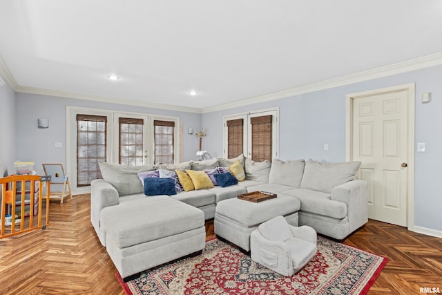 living area with recessed lighting, french doors, baseboards, and crown molding