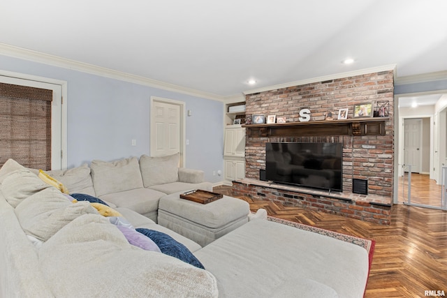 living room with a brick fireplace, recessed lighting, baseboards, and ornamental molding