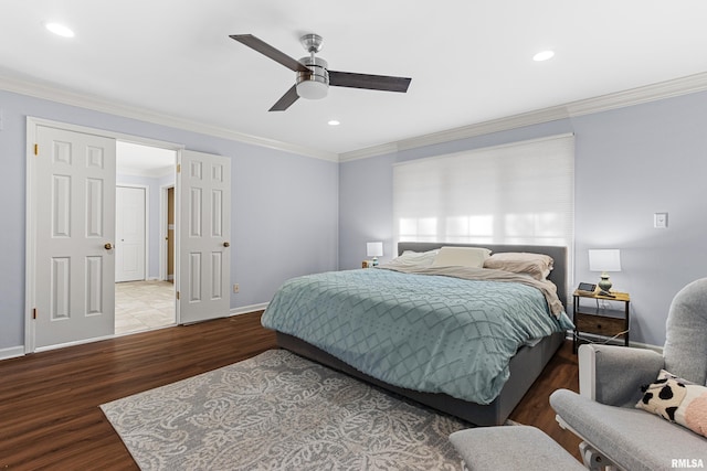 bedroom with recessed lighting, baseboards, wood finished floors, and ornamental molding