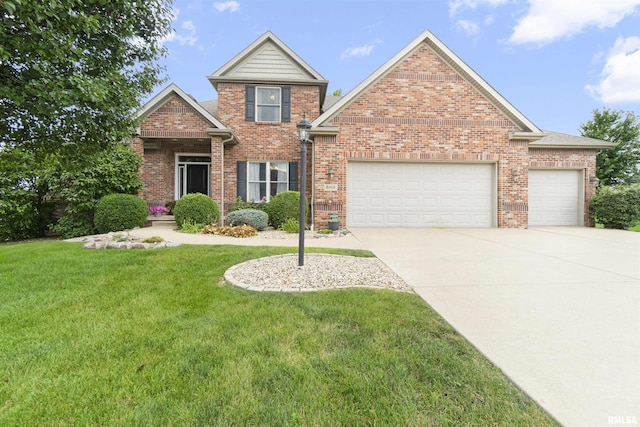 view of front facade with a garage, driveway, brick siding, and a front yard