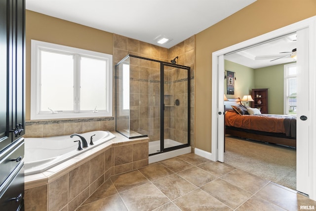 full bathroom featuring a garden tub, a shower stall, tile patterned flooring, and connected bathroom