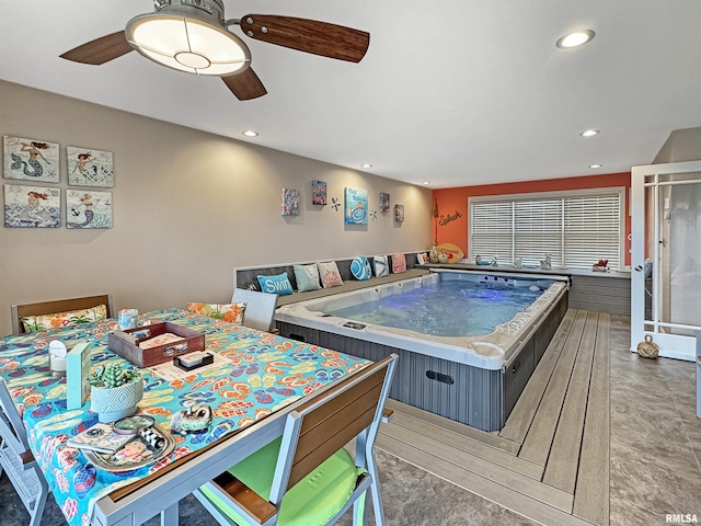 recreation room with recessed lighting, a jacuzzi, and ceiling fan