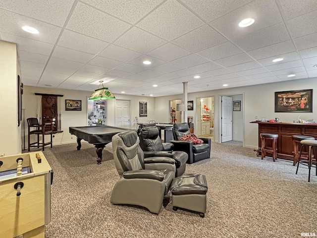 recreation room with recessed lighting, carpet floors, a bar, and billiards