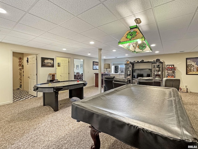 playroom with billiards, a drop ceiling, recessed lighting, carpet flooring, and baseboards