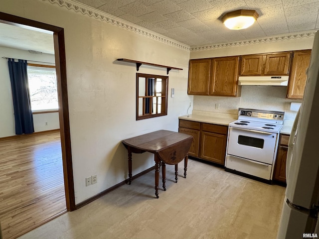 kitchen with light wood-style flooring, white appliances, under cabinet range hood, and baseboards