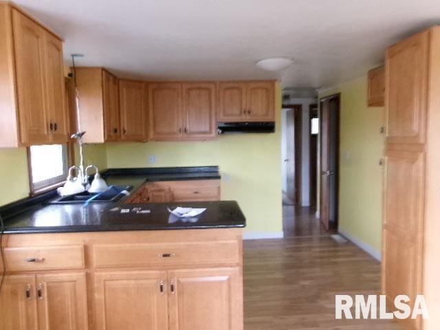 kitchen with baseboards, dark countertops, a peninsula, under cabinet range hood, and a sink