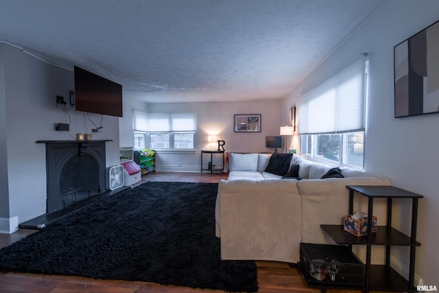 living area with plenty of natural light, a textured ceiling, baseboards, and wood finished floors