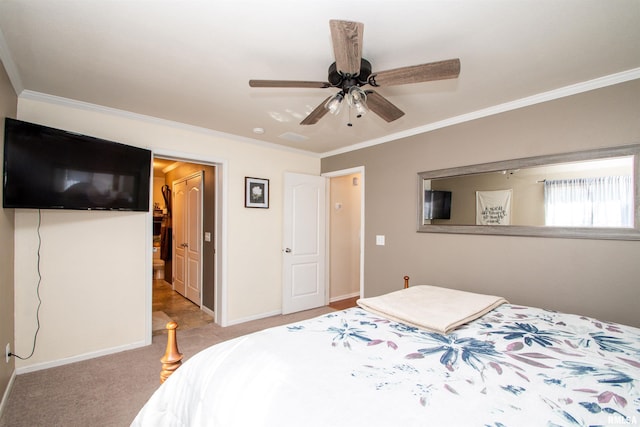 carpeted bedroom with ornamental molding, ceiling fan, and baseboards