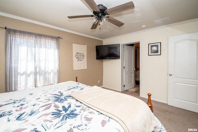 bedroom with light carpet, baseboards, visible vents, ceiling fan, and ornamental molding