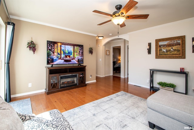 living area featuring ornamental molding, arched walkways, a fireplace, and wood finished floors