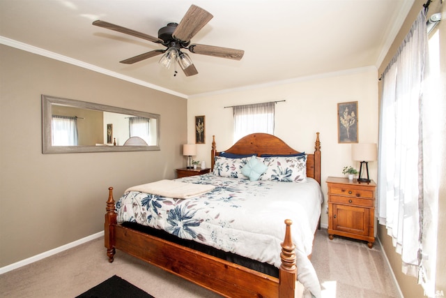 carpeted bedroom with ornamental molding and multiple windows