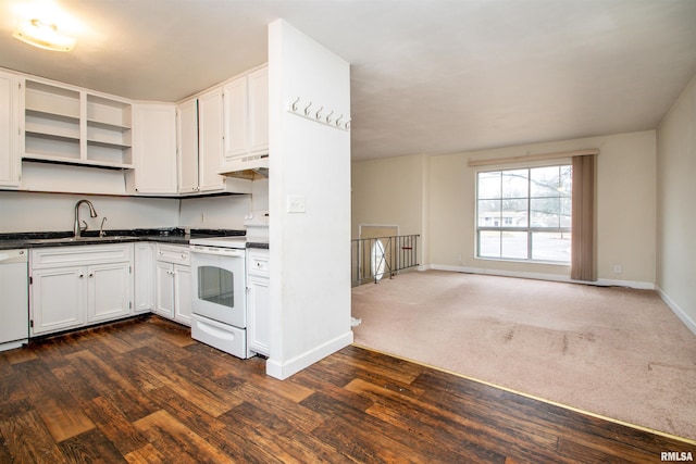 kitchen with open shelves, dark countertops, a sink, white appliances, and under cabinet range hood