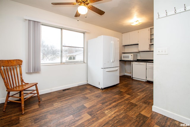 kitchen with white appliances, dark wood-style flooring, visible vents, open shelves, and dark countertops