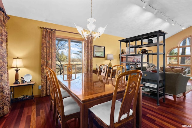 dining room featuring lofted ceiling, an inviting chandelier, wood finished floors, and track lighting