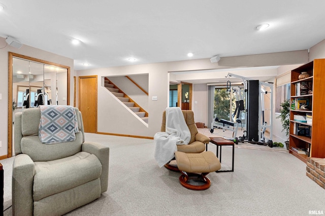 living area featuring recessed lighting, stairway, carpet flooring, and baseboards