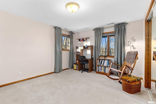 carpeted office with visible vents, baseboards, and a wealth of natural light