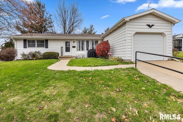 ranch-style house with a garage, driveway, and a front yard