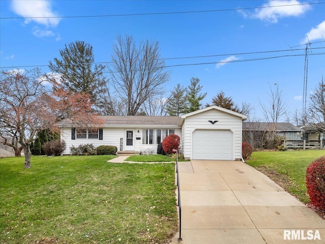 ranch-style house featuring a garage, concrete driveway, and a front lawn