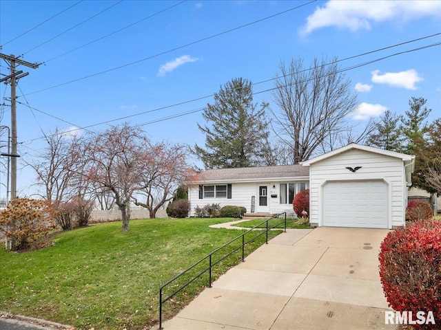 ranch-style home featuring a garage, driveway, and a front lawn