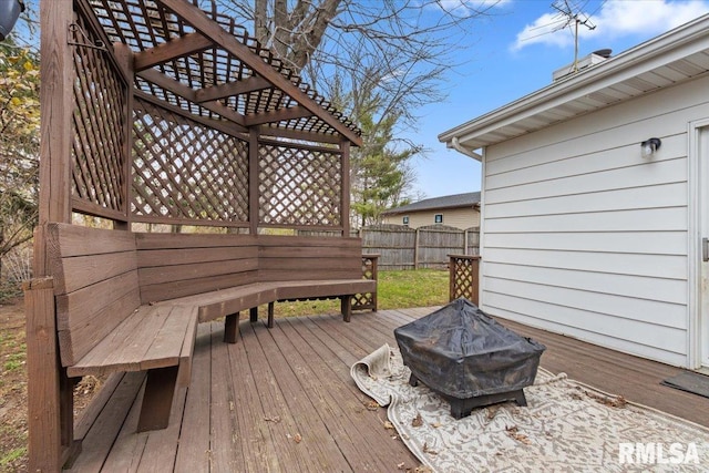 wooden terrace featuring an outdoor fire pit and fence