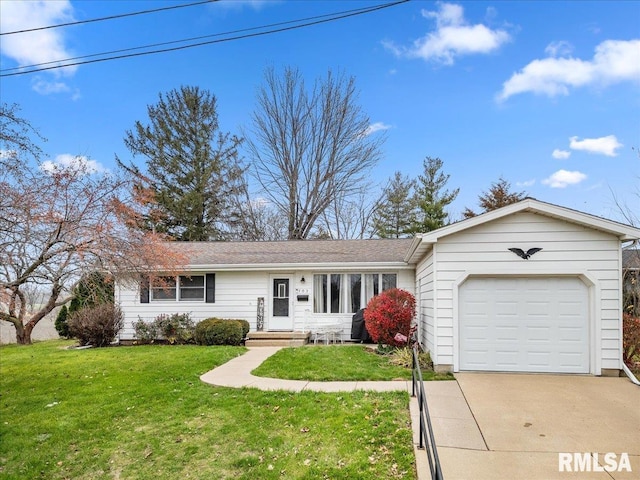 single story home featuring a garage, a front yard, and concrete driveway