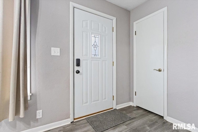 foyer entrance with baseboards and wood finished floors