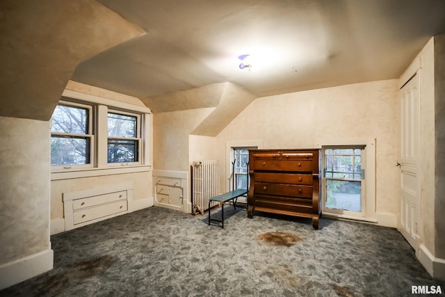 bonus room with lofted ceiling, radiator heating unit, and carpet floors