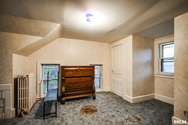 bonus room featuring lofted ceiling, radiator heating unit, a healthy amount of sunlight, and carpet floors