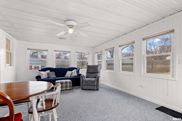 sunroom / solarium featuring a wealth of natural light, visible vents, and ceiling fan