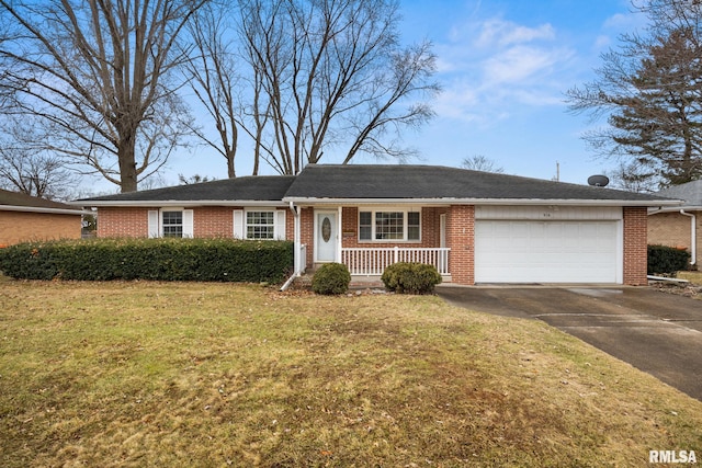 ranch-style home with brick siding, a front lawn, concrete driveway, covered porch, and an attached garage