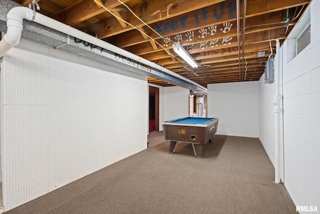 rec room with pool table and carpet floors