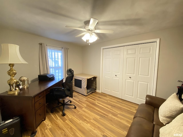 office area featuring light wood-style flooring and a ceiling fan