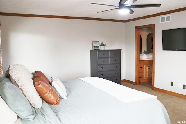 bedroom featuring crown molding, carpet flooring, baseboards, and visible vents