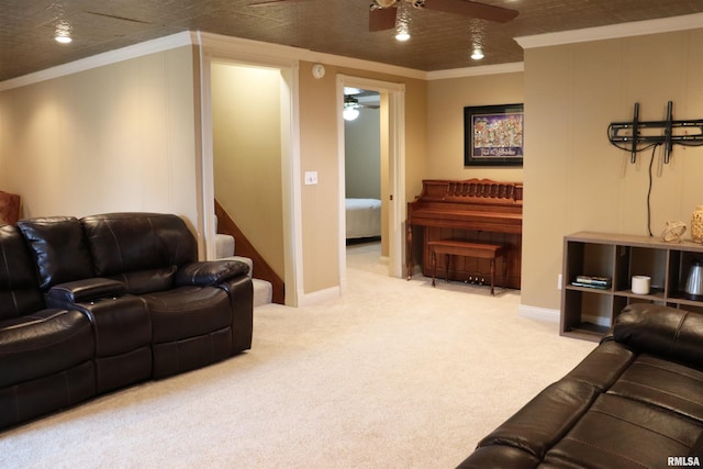 carpeted living room with a ceiling fan, baseboards, recessed lighting, ornamental molding, and stairs