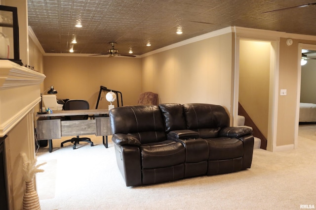 carpeted home theater with recessed lighting, baseboards, crown molding, and a ceiling fan