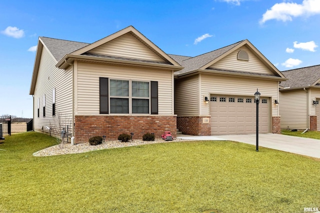 view of front facade featuring driveway, an attached garage, a shingled roof, a front lawn, and brick siding