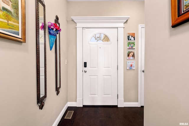 doorway featuring dark wood finished floors, visible vents, and baseboards