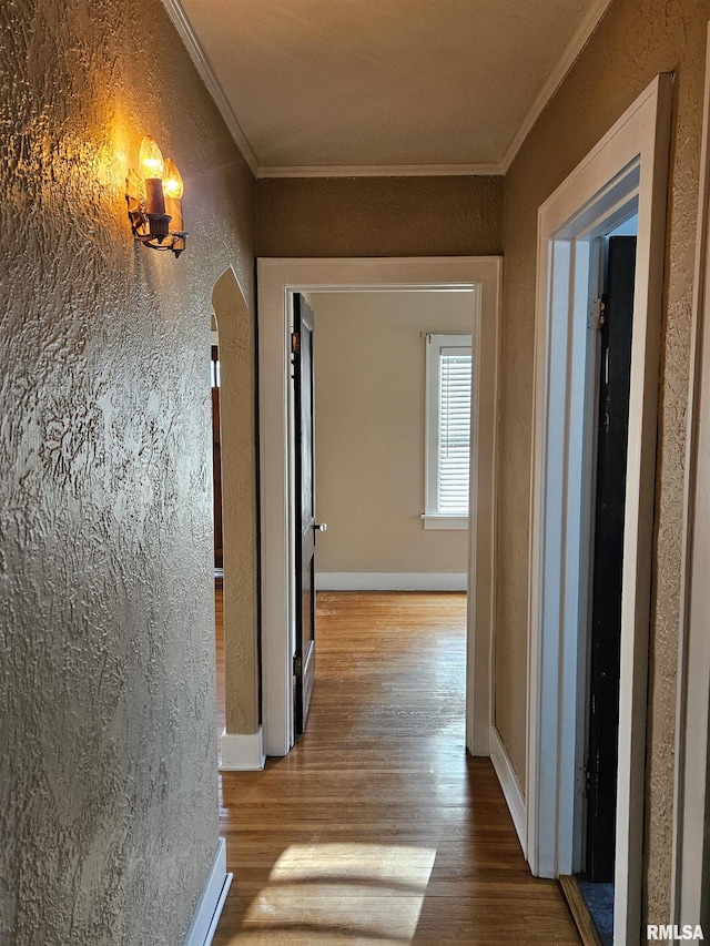 corridor featuring crown molding, wood finished floors, baseboards, and a textured wall