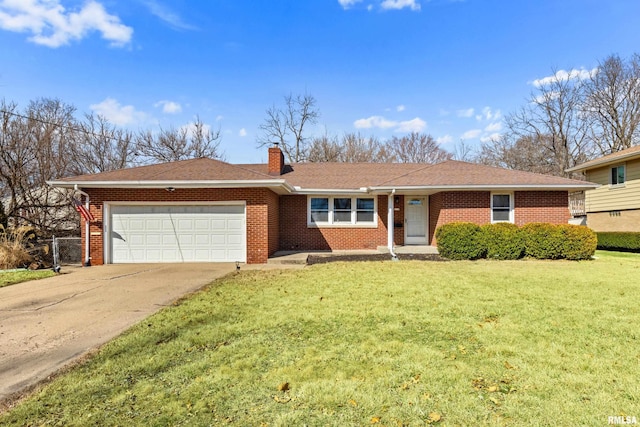 ranch-style house with driveway, an attached garage, a chimney, a front lawn, and brick siding