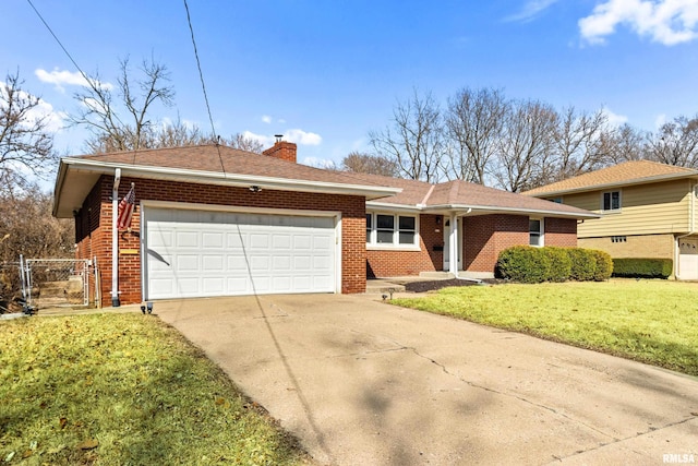 ranch-style home featuring brick siding, an attached garage, a front yard, a chimney, and driveway